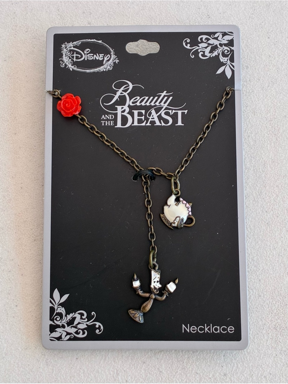 Disney Beauty and the Beast Necklace with Red Rose, Mrs. Potts, and Lumiere
